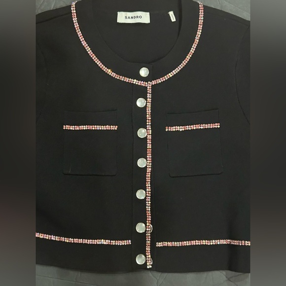 Sandro pink crystal-black embellished cropped cardigan size small - Picture 8 of 16